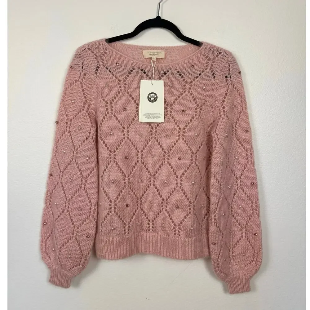 NWT Sezane Federica Knit Powder Pink Jewel Detail Balloon Sleeve Jumper XXS